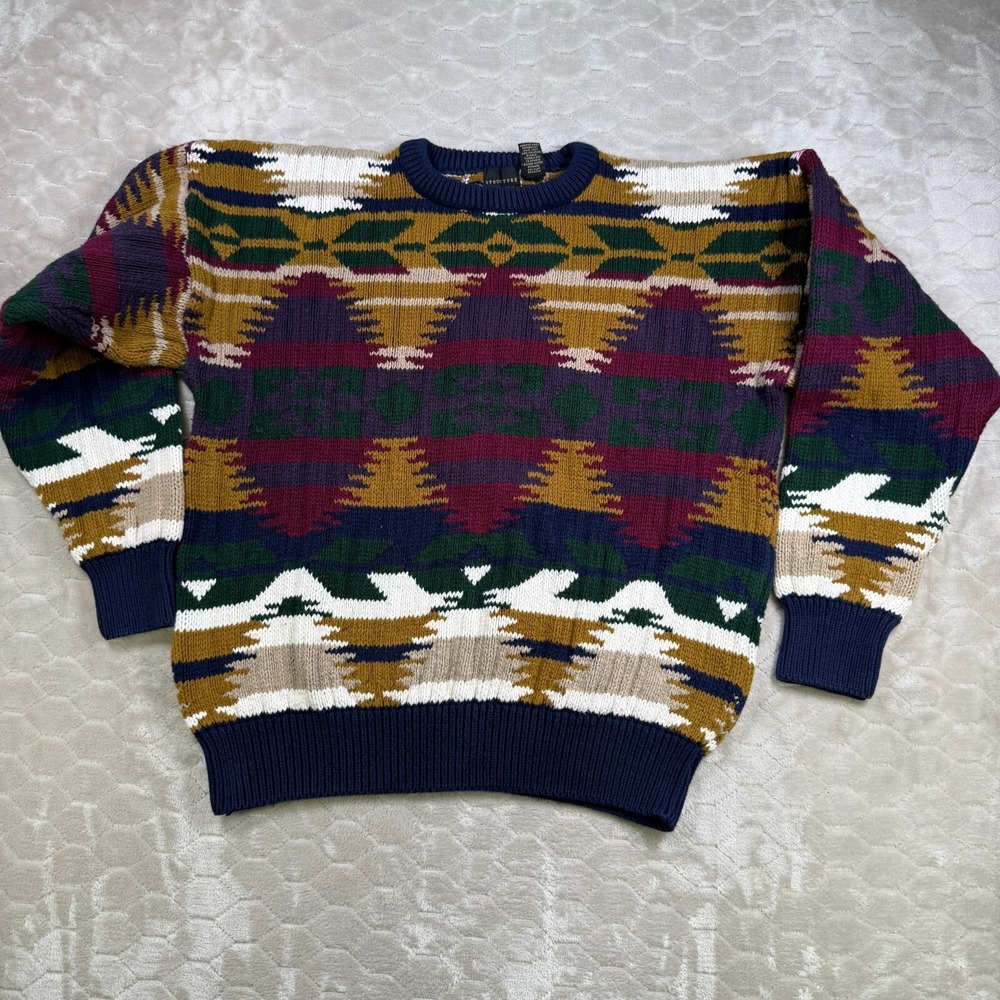 VTG Structure Cotton Knit Sweater Sz Md 90s USA Made Geometric Aztec Style Rare